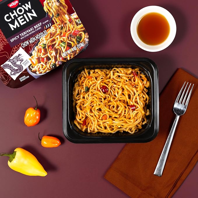 Nissin Chow Mein Noodles, Spicy Teriyaki Beef, 4 Ounce (Pack of 8) | 10g Protein