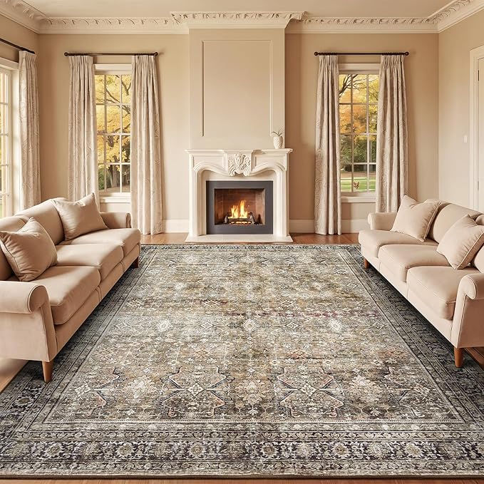 10x14 Area Rugs for Living Room, Non-Slip Washable Brown Large Carpet | Soft Area Rugs for Bedroom, Dining Room, Home Office Indoor Nursery, Stain Resistant, Low Pile, Vintage Distressed Rug