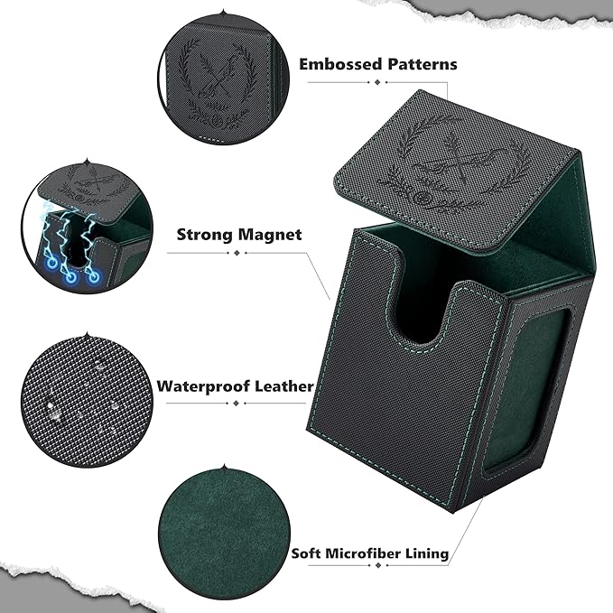 Venssu MTG Deck Box with Commander Display, Elf Card Deck Case Fits 120 Single Sleeved Cards, TCG Card Storage Box with 2 Dividers and 1 Toploader (Black＆Green)