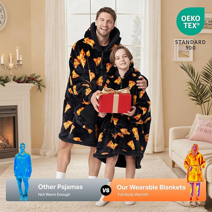 Giggling Getup Wearable Blanket Hoodie for Girls and Boys Warm Cozy Sherpa Fleece Hooded Blanket Sweatshirt Oversized Hoodie with Giant Pocket & Sleeves for Kids Pizza