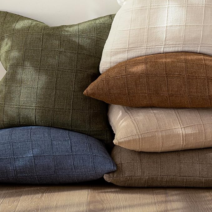 Foindtower Set of 2 Decorative Linen Check Throw Pillow Covers Neutral Farmhouse Vintage Cushion Covers Modern Boho Home Decor for Sofa Chair Couch Bedroom Living Room,22×22 Inch,Light Brown