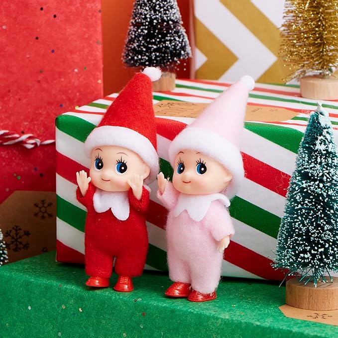 JOYIN 2PCS Christmas Elf Plush Doll, Red and Pink Tiny Soft Plush Elf Doll Accessories for Christmas Holiday Decorations, Dress-Up Party.