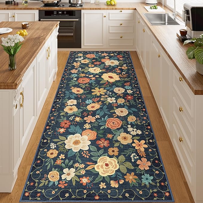 DUKINO 3x8 Kitchen Runner Rug, Washable Rug for Hallway Non Slip, Navy Blue | Soft, Low Pile, Floral Indoor Carpet Runner for Hallway, Entryway, Bedroom, Bathroom, Laundry, Pet Friendly, Home Decor