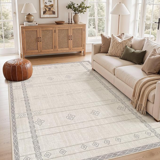 cotiled 5x7 Area Rugs Living Room Rug: Washable Boho Rugs with Non Slip Backing Large Soft Indoor Stain Resistant Carpet for Bedroom Farmhouse Dining Room Lightweight Home Decor Grey Beige