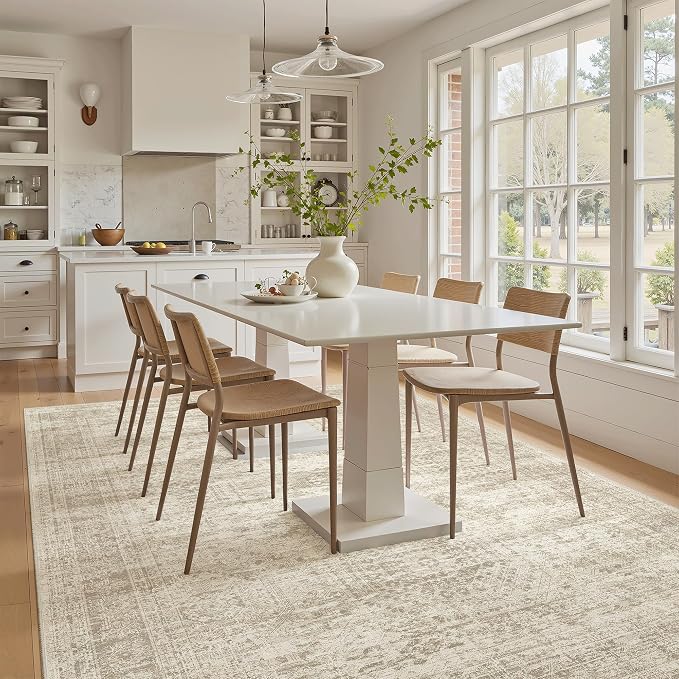 Soalmost 5x8 Area Rugs Beige Low Pile Washable Trendy Faded Style Rug | Vintage Non-Slip Indoor Accent for Bedroom Dining, Foldable Stain Resistant Floor Carpet Mat Under Table Home Office Decor