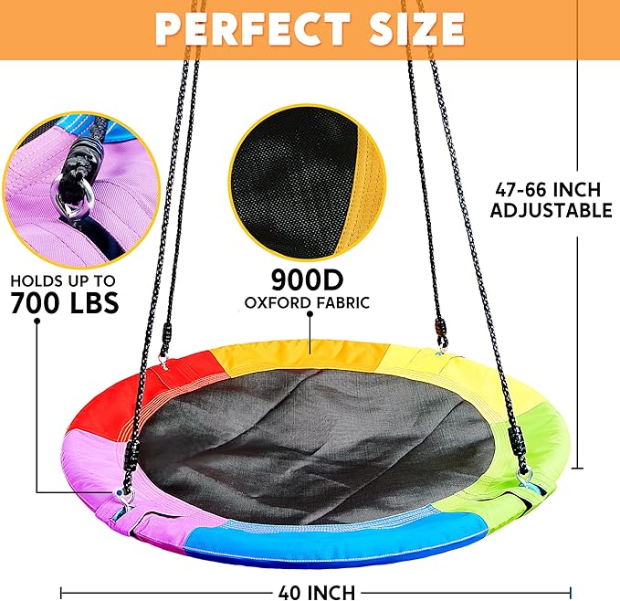 TURFEE 40" Saucer Tree Swing for Kids Outdoor, 900Lb Weight Capacity, Waterproof Swing Seat with Adjustable Hanging Straps for Children Playground Backyard (Rainbow)