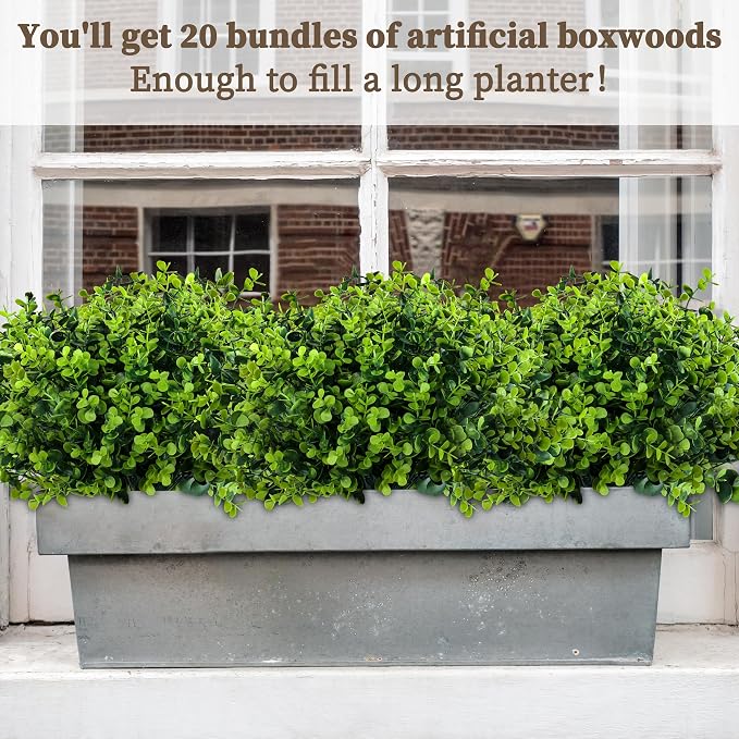 ColoPlay 20 Bundles Artificial Greenery Boxwood Plants, Fake Outdoor Plants | Artificial Plants Outdoor/Indoor, Fake Plant for Ouside Garden Porch, Window Box, Home Wedding, Farmhouse