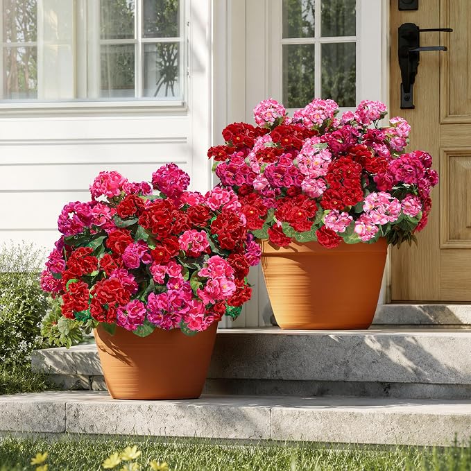 Artificial Geraniums Fake Flowers for Outdoors Decoration, 6 Bundles Silk Geraniums Flower UV Resistant Look Real Faux Plants for Front Door Garden Porch Planter Patio Balcony Yard Indoor Home, Mix