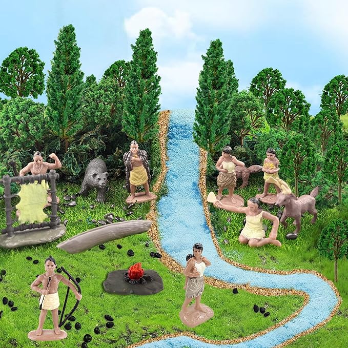 Native American Figurines Set Miniture Indian Figure Toys Indian Figurines for Kids Powhatan Indians Figures Playset Includes Camp Fire Deer Bear Fox Trees for Birthday Diorama School Projects 32 Pcs