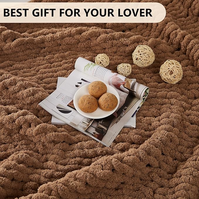 L'AGRATY Chunky Knit Throw Blanket for Couch, 72'' x 84'' Knit Throw, Brown | Handmade Chenille Crochet Blanket for Sofa Bed, Thick Cable Knitted Blankets for Room Home Decor, Birthday Gift for Women Mom