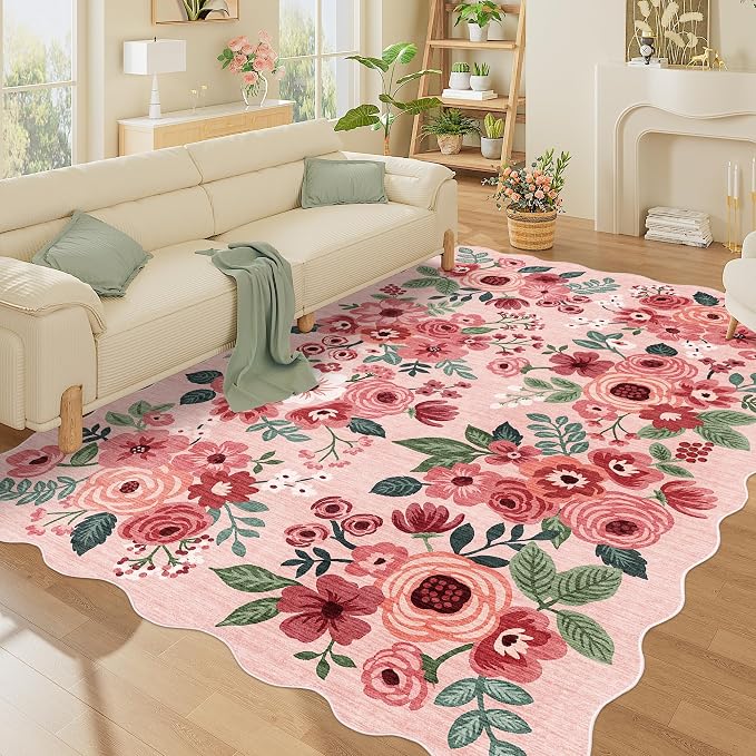 DUKINO 6x9 Area Rugs, Floral Washable Rug for Living Room Non Slip, Pink | Low Pile, Stain Resistant, Soft Indoor Large Rugs for Bedroom, Dining Room, Kids Playroom, Nursery, Pet Friendly, Home Decor