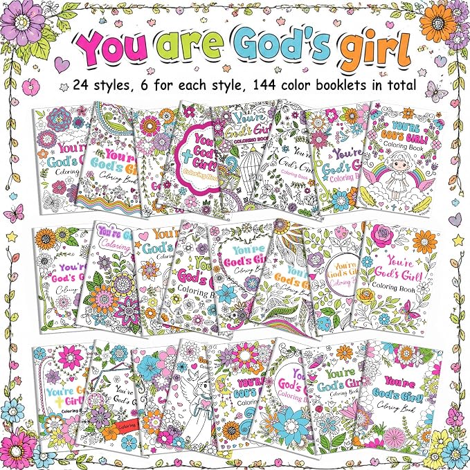 Liliful 144 Pcs You're God's Girl Coloring Book Bulk 5 x 7 Inch Christian Floral Coloring Books Party Favors with Bible Verse Inspirational Designs for Church Events Faith-Based Gifting