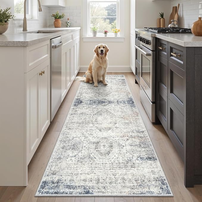 Soalmost Runner Rug 2x6 Washable Kitchen Hallway Runners Blue/Ivory | Non-Slip Low-Pile Rugs for Entry Bathroom Laundry Room, Vintage Foldable Floor Carpet Mat Entryway for Corridor Bedroom