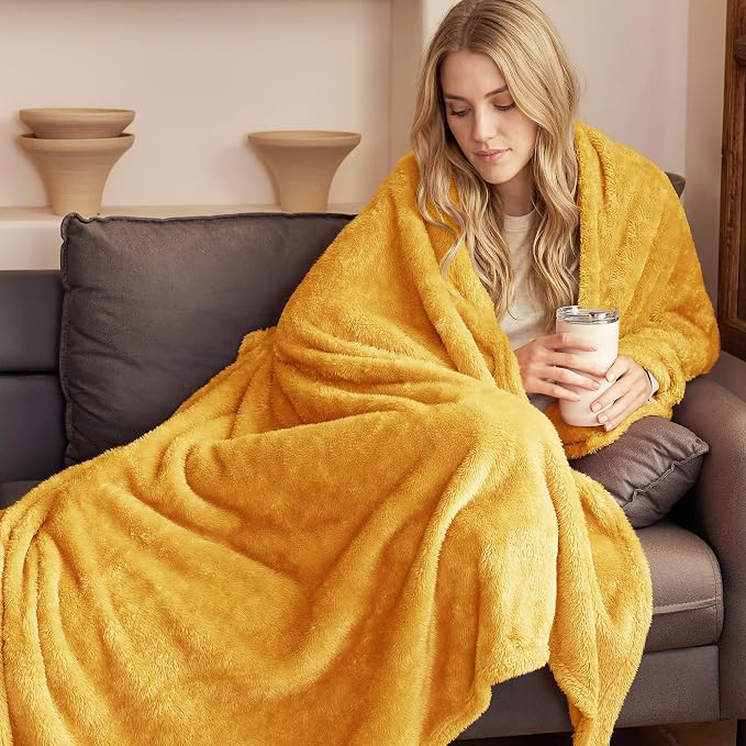 Exclusivo Mezcla Fuzzy Large Fleece Throw Blanket for Couch, Mustard Yellow | 50x70 Inches, Super Soft and Cozy Throw, Plush Fluffy Blanket for Sofa, Bed, Bedroom, Home Decor, All Season
