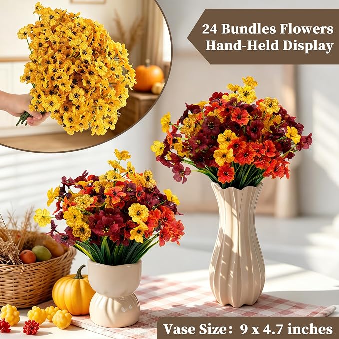 ColoPlay 24 Bundles Yellow Artificial Flowers for Outdoors, Fake Flowers | Fake Fall Flowers Faux Mums for Outdoor Planters, UV Resistant Fall Decoration for Home Garden Porch Wedding Farmhouse