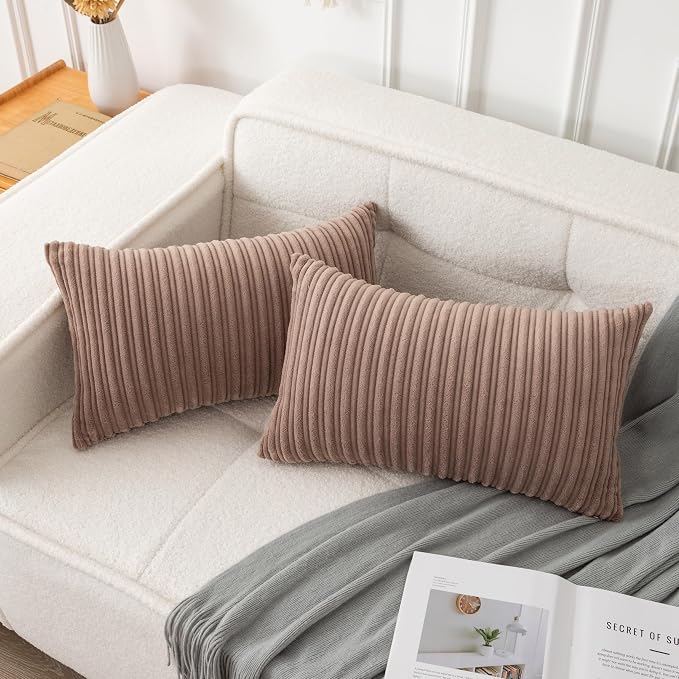 UGASA Fall Soft Velvet Stripe Decorative Lumbar Pillow Covers Set of 2 Solid Corduroy Textured Euro Oblong Cushion Cases for Couch Bedroom Sofa Farmhouse, 12x20 Inch, Light Brown