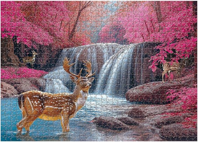 1000 Piece Puzzle of Adults - Beautiful Deer National Park Forest Waterfall, Nature Wildlife Jigsaw Puzzle