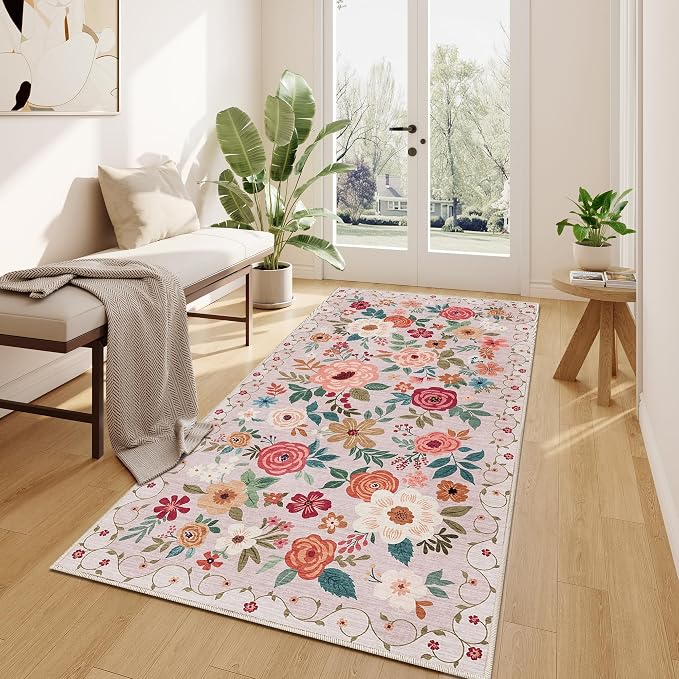DUKINO 3x6 Runner Rug, Non Slip Floral Washable Rug for Kitchen, Beige | Low Pile, Non Shedding, Soft Thin Indoor Rug for Hallway, Bedroom, Bathroom, Entryway, Laundry, Pet Friendly, Home Decor