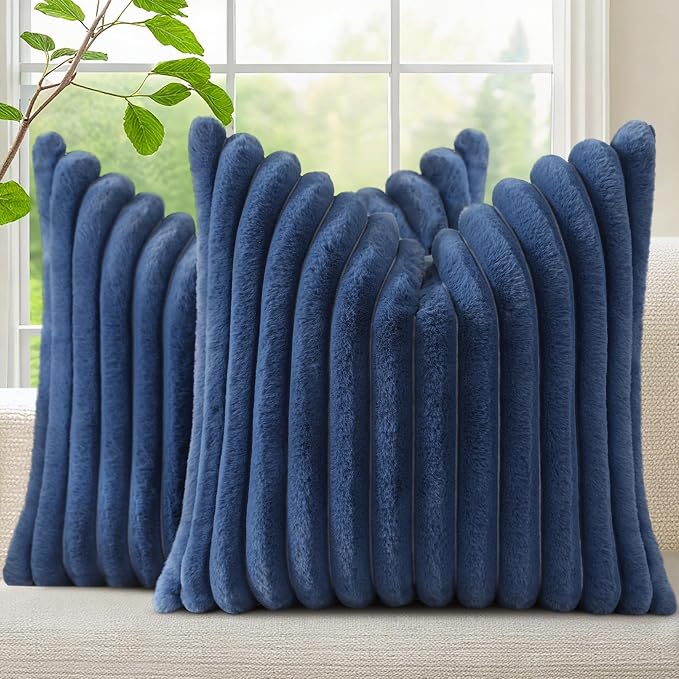 decorUhome Fall Faux Fur Throw Pillow Covers 12x12 Set of 2 Navy Blue | Decorative Soft Cozy Striped Plush Modern Farmhouse Boho Couch Pillow Cases Velvet Back for Sofa Bed Living Room Home Decor