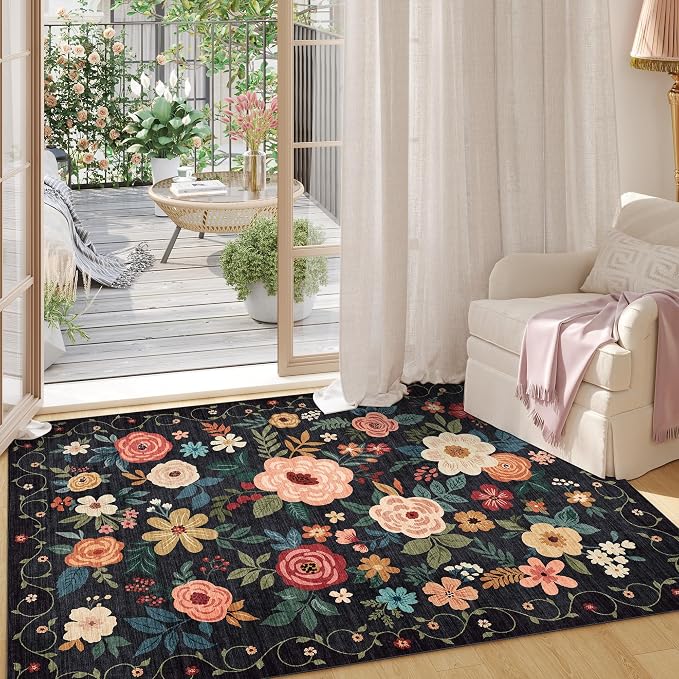 DUKINO 3x5 Area Rug, Floral Washable Rug for Bedroom Non Slip, Black | Soft, Stain Resistant Low Pile Indoor Rug for Entryway, Bedroom, Bathroom, Living Room, Pet Friendly, Home Decor, Lightweight
