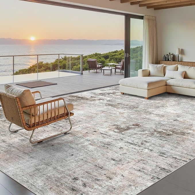 Soalmost 9x12 Area Rugs for Living Room Washable Rug Abstract Pink/Grey | Non-Slip Large Modern Carpet for Dining Bedroom, Soft Low Pile Lightweight Foldable Floor Mat Nursery Home Office Decor
