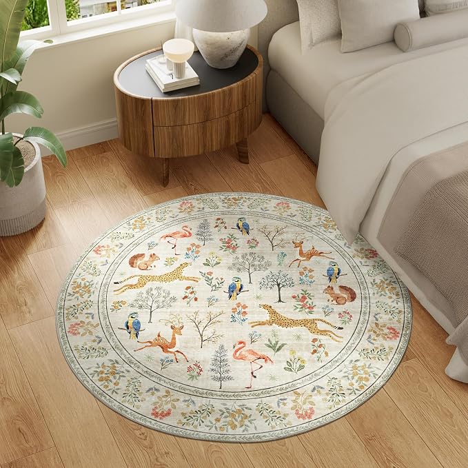 DUKINO 4ft Round Rug, Washable Animal Small Round Area Rug Non Slip, Beige | Low Pile, Soft, Non-Shedding Indoor Circle Carpet for Bedroom, Entryway, Living Room, Farmhouse, Pet Friendly, Lightweight