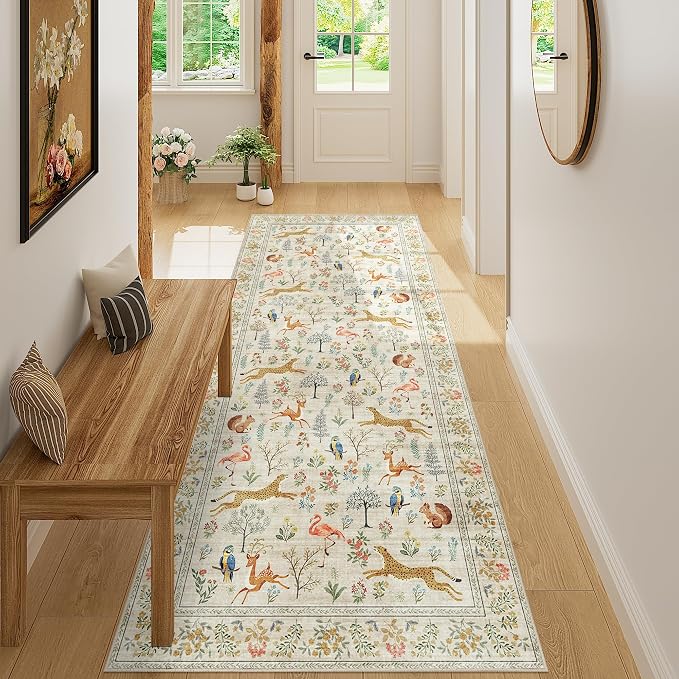 DUKINO 3x7 Hallway Runner Rug, Non Slip Animal Kitchen Runner Rug, Beige | Soft, Low Pile, Stain Resistant Indoor Carpet Runner for Entryway, Bedroom, Bathroom, Laundry, Pet Friendly, Home Decor