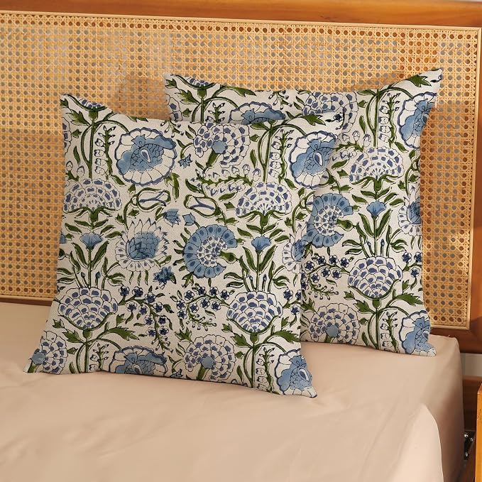 Boho Navy Blue Pillow Covers 18x18 Inch Set of 2 Blue Sage Green Floral Throw Pillows Vintage Flower Outdoor Decorative Pillow Cases Farmhouse Linen Cushion Cover Decor for Couch Sofa Decor