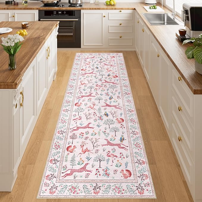 DUKINO 2x10 Kitchen Runner Rug, Soft Non Slip Animal Washable Rug, Pink | Low Pile, Non-Shedding Indoor Carpet Runner for Hallway, Entryway, Bedroom, Bathroom, Laundry, Pet Friendly, Stain Resistant
