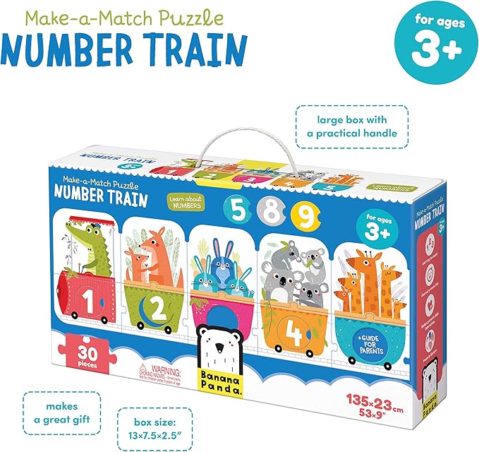 Banana Panda Make-a-Match Number Train Floor Puzzle - Learn Numbers 1-10 and Colors with 30 Large Pieces and a Guide for Parents with Early Learning Activities and Games, for Kids Ages 3-5 Years