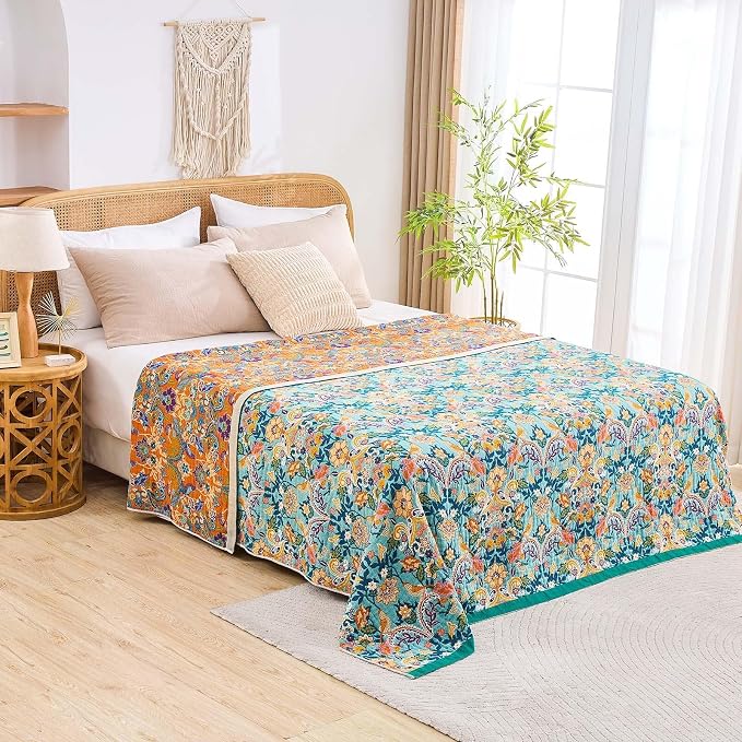 XIBLC Boho Blanket Throw Quilt, 100% Cotton Soft Light Weight Throw Blankets for Summer, 60"x80" Farmhouse Flower Decorative Blankets, All Season Rustic Reversible Bohemian Throw Quilt