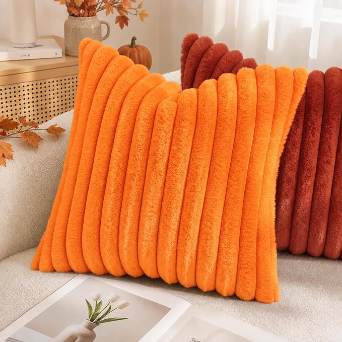 decorUhome Fall Faux Fur Throw Pillow Covers 16x16 Set of 2 Orange | Decorative Soft Cozy Striped Plush Modern Farmhouse Boho Couch Pillow Cases Velvet Back for Sofa Bed Living Room Home Decor