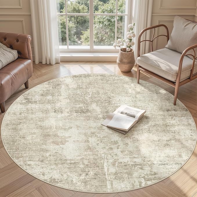 Soalmost Abstract 5x5 Round Rug 5ft Circle Living Room Rugs, Beige/Gray | Washable Vintage Indoor Carpet for Dining Bedroom, Low Pile Stain Resistant Foldable Floor Mat Entryway Home Office Decor