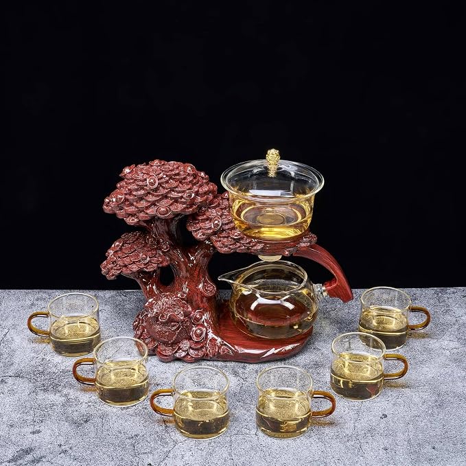 Zurucily Glass Teapot Set with Infuser Semi Automatic Tea Set Magic Teapot (Tree - red)