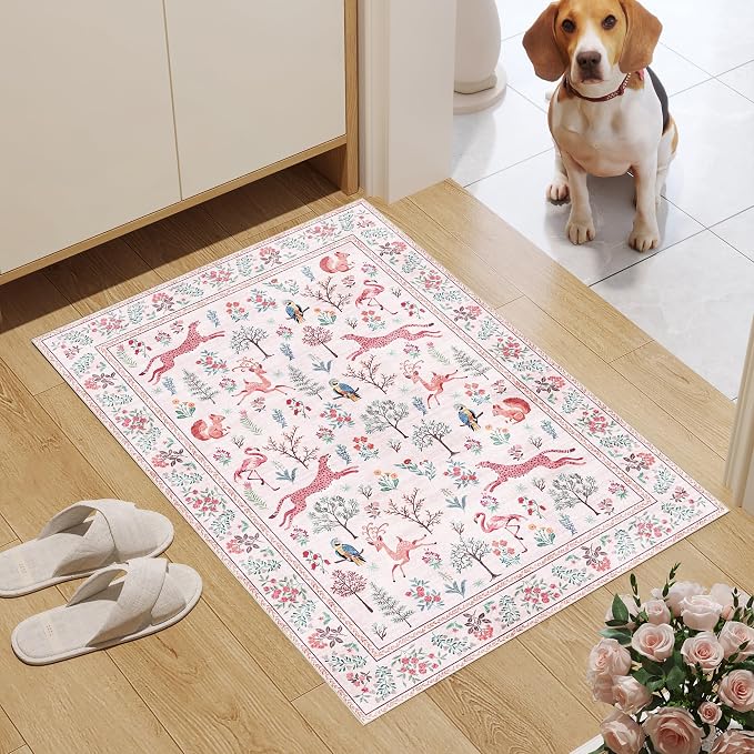 DUKINO 2x3 Entryway Rug, Washable Door Mat Animal Rug for Kitchen, Pink | Non Slip, Low Pile, Soft Indoor Small Rug for Entrance, Bedroom, Bathroom, Laundry, Pet Friendly, Lightweight, Non-Shedding
