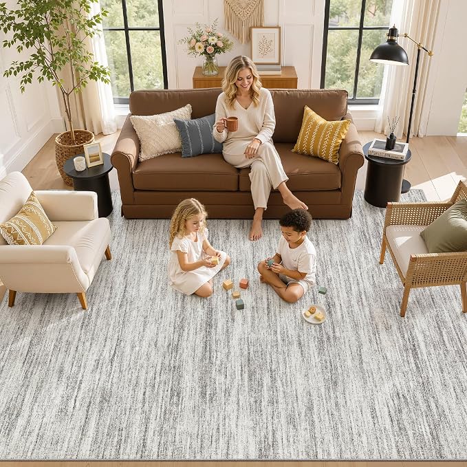 Nakagishi 7X9 Area Rugs Living Room: Washable Large Vintage Rug Neutral Non-Slip Soft Stain Resistant Indoor Carpet for Bedroom Nursery Dining Room Office Playroom - Grey