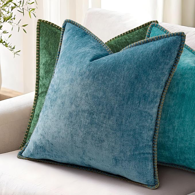 decorUhome Soft Chenille Throw Pillow Covers 12x20 Set of 2 Teal | Fall Textured Decorative Throw Pillow Cases Stitched Edge Modern Farmhouse Luxury Boho Velvet for Couch Sofa Bed Home Decor