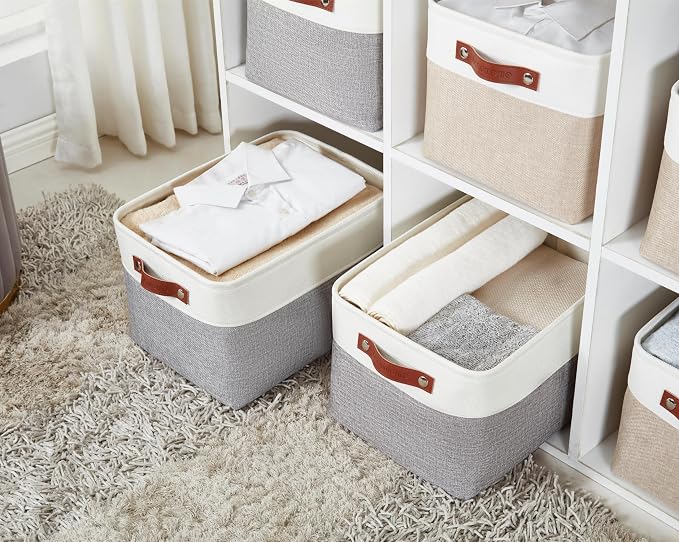 DECOMOMO Storage Bins, Extra Large Fabric Storage Baskets for Shelves 4Pack | 15.8 x 12.5 x 10 inches Decorative Linen Closet Organizers (Grey & White)
