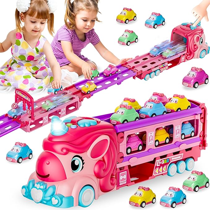 Unicorn Car Toys for 1-3 Girls, Unicorn Transport Truck Track Set W/Light & Sound, Friction Power Toy Cars W/ 6 Princess Cars, Foldable Track & Race Mode, Birthday Gift Idea for 2-4 5 6+ Toddler Kids.