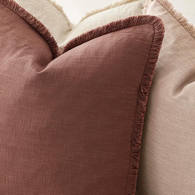 Foindtower Set of 2 Decorative Linen Fringe Lumbar Throw Pillow Covers Boho Farmhouse Cushion Cover with Tassels Soft Accent Pillowcase for Couch Sofa Bed Living Room Home Decor,12×20 Inch,Rust Red