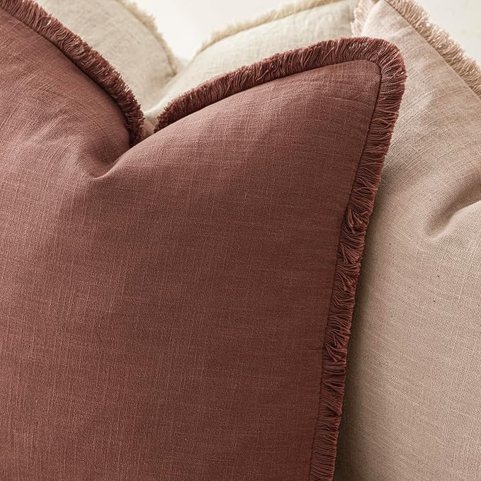 Foindtower Set of 2 Decorative Linen Fringe Throw Pillow Covers Boho Farmhouse Cushion Cover with Tassels Soft Accent Pillowcase for Couch Chair Sofa Bed Living Room Home Decor,18×18 Inch,Rust Red