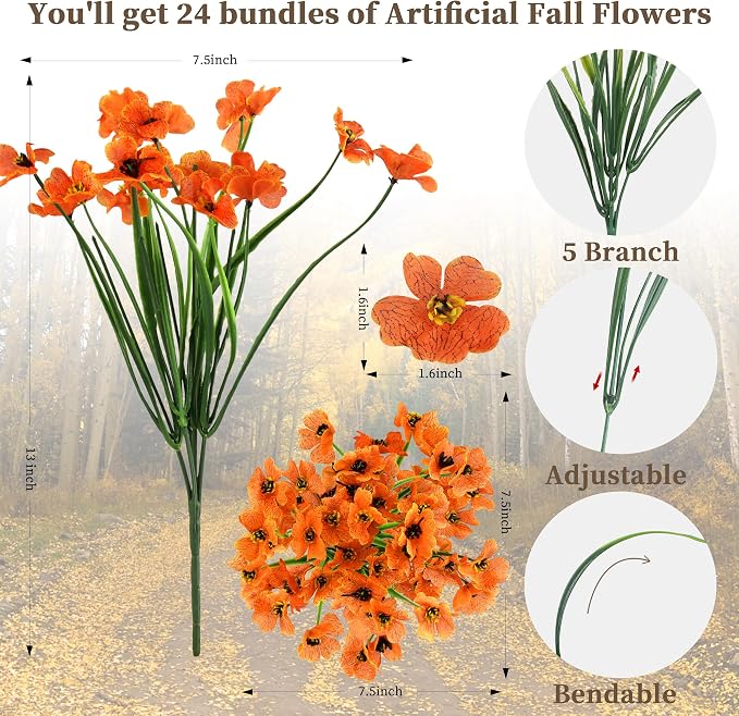ColoPlay Artificial Mums for Outdoors, 24 Bundles Fake Flowers Fall Decor | Fake Fall Flowers Faux Mums for Outdoor Planters, UV Resistant Artificial Plants for Home Garden Porch Farmhouse(Orange)