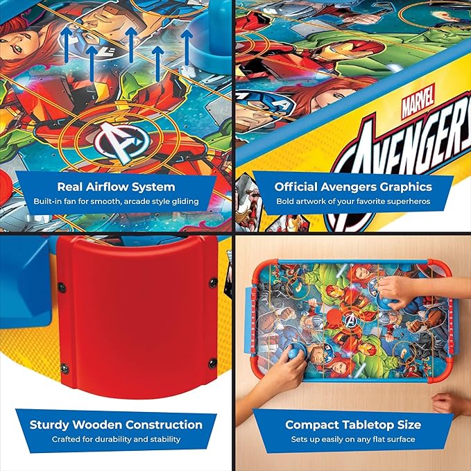 Marvel Avengers Air Hockey Table for Kids - Wooden Tabletop Game with Puck, Pushers & Air Flow System - Marvel Licensed - Kids 4+