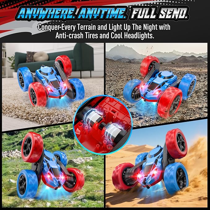 Remote Control Stunt Car for Boys, Upgraded 4WD 360° Rotating Racer with Lights, USB-C Rechargeable RC Toy Car 2.4GHz High-Speed for Kids Ages 6+ (Red-Blue)