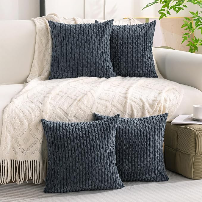 Set of 4 Grey Blue Decorative Throw Pillow Covers 18x18 Inch Corduroy Pillow Covers for Bed Couch Sofa Living Room Soft Square Cushion Cases