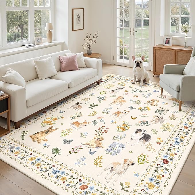 Soalmost Dog 5x7 Area Rugs for Living Room, Washable Animal Soft Rug Beige | Floral Vintage Non-Slip Low Pile Cute Throw Rugs for Kitchen Dining Room Bedroom Nursery Playroom 5' x 7'
