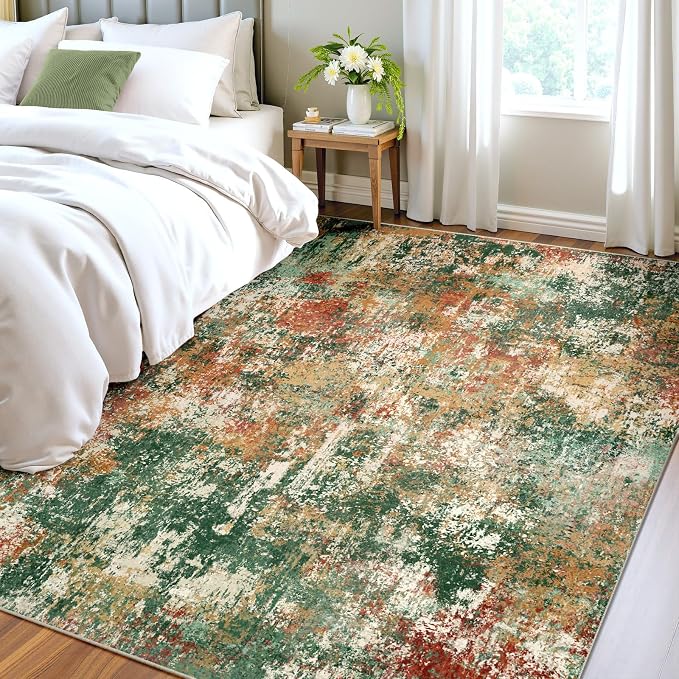 RELEANY Washable Area Rugs 6'x8' Non-Slip Modern Abstract Soft for Living Room Entryway Bedroom Kitchen, Print Pattern, Green Orange Rust Red Cream Colorful