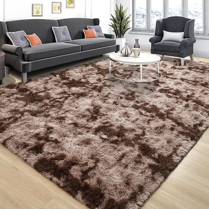 Tepook 4x6 Area Rugs for Living Room Bedroom, Soft Fluffy Plush Shaggy Girls Boys Kids Room Rug, Shag Upgrade Non-Slip Throw Carpet for Dorms Nursery Classroom Home Decor, Tie-Dyed Brown