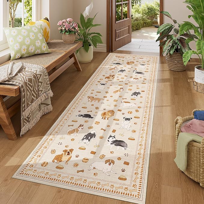DUKINO 2.6x8 Kitchen Runner Rug, Washable Non Slip Dog Rug, Beige Yellow | Soft, Stain Resistant, Low Pile, Non-Shedding Animal Carpet Runner for Hallway Entryway Bathroom Laundry, Kid & Pet Friendly