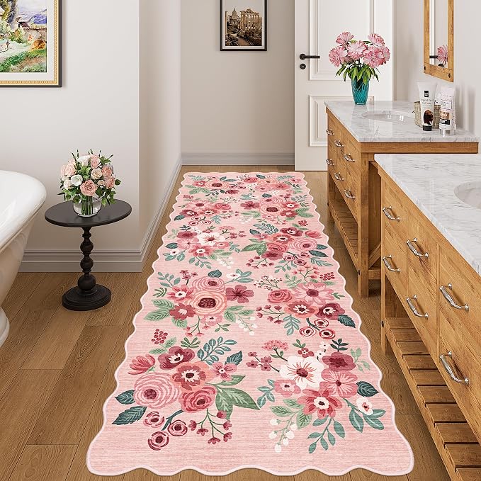 DUKINO 3x8 Kitchen Runner Rug, Soft Floral Washable Rug for Hallway, Pink | Low Pile, Stain Resistant Throw Rug Runner for Entryway, Bedroom, Bathroom, Laundry, Pet Friendly, Modern Home Decor
